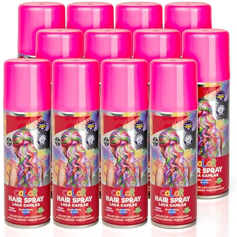 Pack 12 Laca de Pelo Color Fucsia 125ml - Spray Colores para Cabello Rápida coloración, Lavable