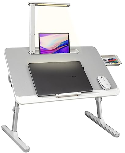 RAINBEAN Lap Desk for Lap top, Portable Bed Table Desk, Laptop Desk with LED Light and Drawer, Adjustable Laptop Stand for Bed/Sofa/Study/Reading-White