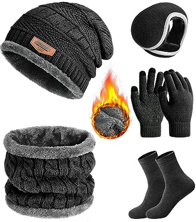 Vijamiy Ensemble Bonnet Écharpe pour Homme Beanie Bonnet Hiver Foulard Polaire Doublé Gant Tactile Cache Oreilles Chaud Chaussettes Tricotés Thermiques 5 en 1(Noir)