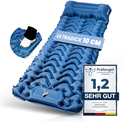 HIKENTURE Isomatte Selbstaufblasend, 10cm Camping Luftmatratze, Camping Isomatte Kleines Packmaß, Aufblasbare Schlafmatte mit Fußpumpe für Camping, Outdoor, Wandern, Zelt - Dunkelblau A2