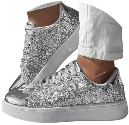 Minetom Baskets À Paillettes pour Femme Lacets Sneakers Chaussures Décontractées Tennis Plates Baskets Chaussures De Marche A Argent 43 EU