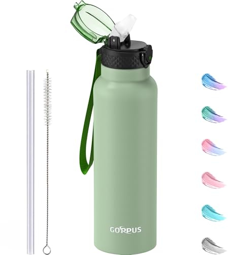 GOPPUS 750ml/26oz Stainless Water Bottle with Straw Double Wall Insulated Bottles with Strap Reusable Vacuum Thermal Flask Leakproof Keep Cold Drinks Bottles with Flip Top Lid for Men Women BPA Free