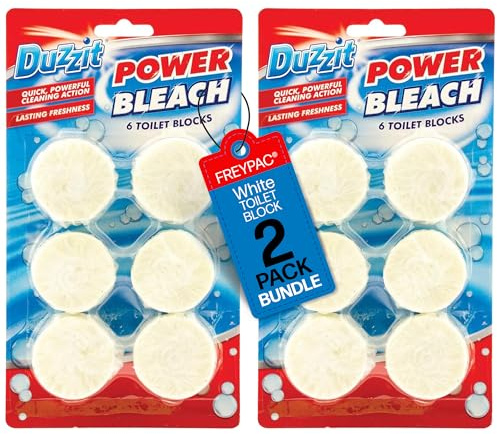 Duzzit Power Bleach Toilet Block White, Loo Deodoriser, Cistern Block, Bleach Block x 6 (2 Pack Bundle By FREYPAC®, 12 Blocks Total) (White)