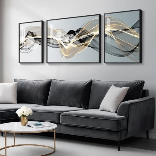 Large Framed Modern Luxury Abstract Wall Art for Living Room, 3 Piece Minimalist Prints Paintings Artwork for Walls, Black White Gold Abstract Line Pictures for Hallway Dining Bedroom Office Wall