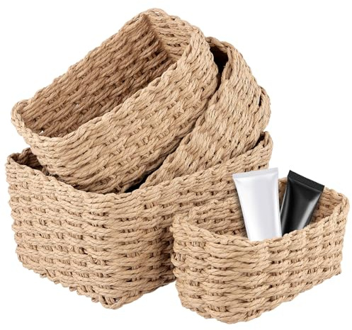CHUIFAI Juego de 4 cestas de almacenamiento trenzadas, color beige, cestas de almacenamiento de papel beige, cestas trenzadas, juego para maquillaje, dormitorio, oficina, salón
