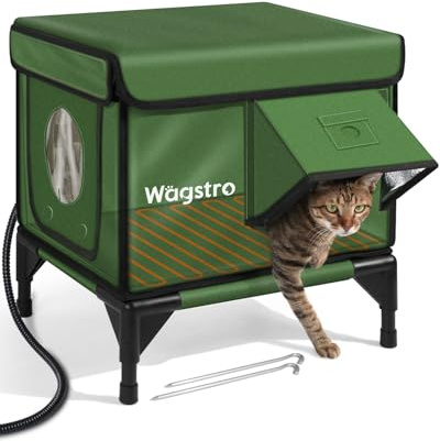 Heated Cat House for Outside, Insulated Weatherproof Heated Outdoor Cat House with Waterproof Eaves & Escape Door, Elevated Outdoor Cat Shelter for Feral Stray Cat (Green, 16.5x12.6x16.9)