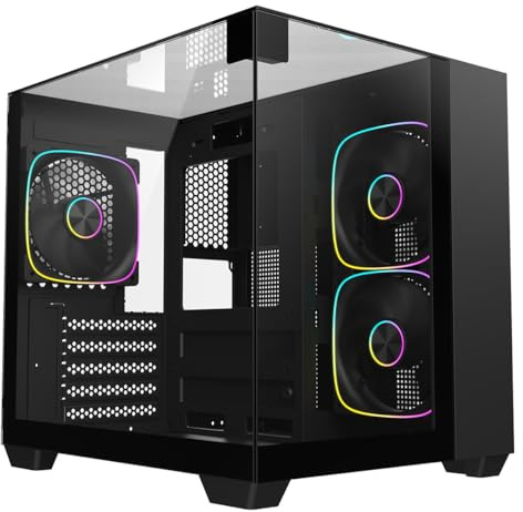 CiT Eclipse Mini mATX Gaming PC Case – Dual Chamber Design - Panoramic Tempered Glass - including 3 x 120mm ARGB Fans, 6-Port PWM Hub, AIO Support, USB 3.0, USB 2.0, HD Audio | Black