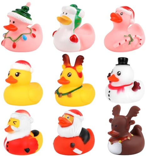 Derayee - Juego de 9 pato de plástico colorido de goma, Navidad, juguete de baño para bebé, juguete de baño de pato flotador, pequeño pato de baño lindo para ducha de cumpleaños