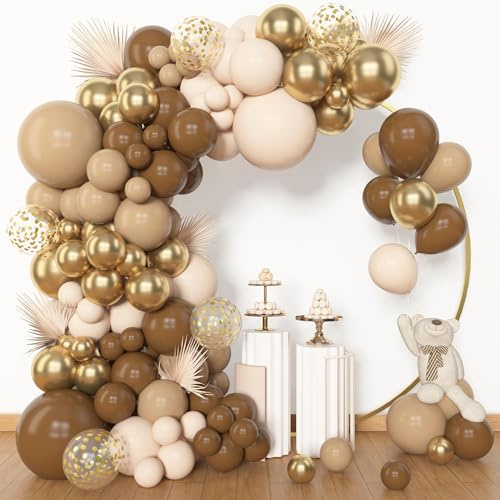 BlueCloudy 153pcs Kit Arco Ghirlanda Palloncini Marrone, Diverse Misure 45 30 25 12 cm, Palloncini Latex Marrone Nudo Metallic Oro Confezioni per Decorazioni Compleanno Neutro