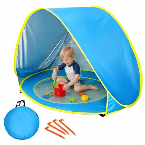 Refugio de playa para bebé, con piscina separable, tienda de campaña para 3-4 personas, portátil, protección automática contra el viento, protección UV para familia, playa, camping (azul)