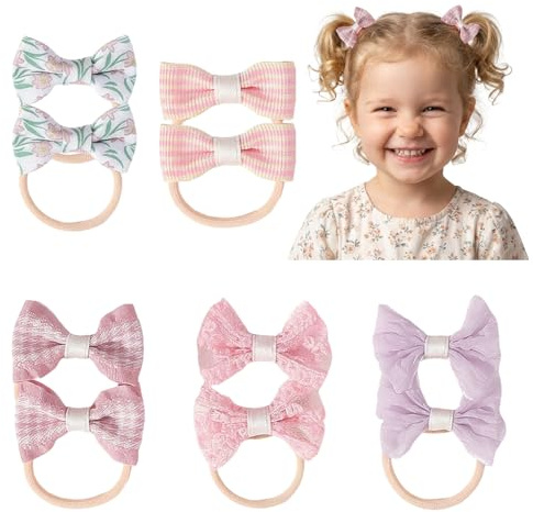 10 st Hårband för Baby med Rosett, Mjuka Elastiska Hårsnoddar för Småbarn och Barn, Ponytail Holders (Rosa & Vit)