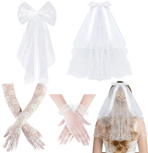 YinnFeen 2 Piezas Velo de Novia Blanco, Velo de Novia de Encaje con Lazo, Velo Corto de Novia con Pinzas de Lazo en Tul Suave y Guantes de Encaje para Boda