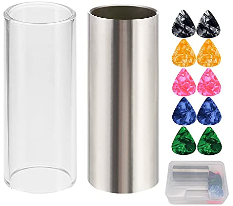 2 Pieces Guitar Slides, Include 1 Colors Stainless Steel, 1 Pcs Glass, 10 Pcs Guitar Picks and 1 Box Glass Slides Box