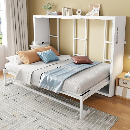 Idemon Murphy, cama plegable de pared con marco de metal, 140 x 200 cm, combinación de marco de metal y tablero de madera, con fijación a la pared ajustable, robusto y silencioso, blanco