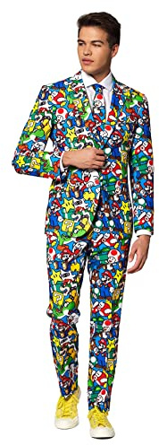 OppoSuits Traje de baile Crazy para hombre, Super Mario, viene con chaqueta, pantalones y corbata en diseños divertidos, 42, Super Mario, 54