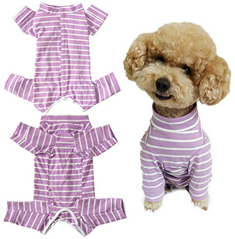 Dog’s Recovery Suit Post Surgery Shirt for Puppy, Full Coverage Dog's Bodysuit Wound Protective Surgical Clothes for Small and Medium Pets (Purple White Stripe-xs)