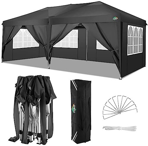 COBIZI Carpa 3x6 Cenador Plegable Impermeables Techo de Pabellón de Jardín ​de Revestimiento de PVC Protección UV 50+ con 6 Paredes para Cenador Carpa Toldo para Jardin, Playa, terraza, Negro