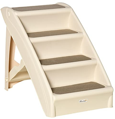 PawHut Escalera Plegable para Mascotas de 4 Peldaños Escalón para Perros Gatos Portátil con Alfombras Antideslizantes para Cama Sofá Carga 20 kg 62x38x49,5 cm Beige
