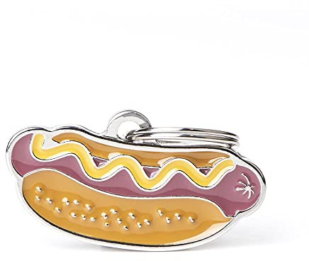 My Family Medaglietta per Cane Personalizzata Made in Italy, Hot Dog, Targhetta Cane con Incisione Gratis, Smaltata a Mano in Metallo, Collezione Food, 38x20 mm