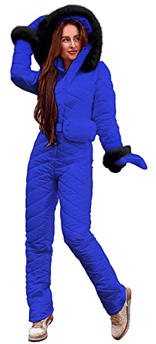 Pelzkragen Skijacke für Frauen Reißverschluss Gürtel mit Kapuze Solide Outdoor Sport Ski Overall Thermo Wasserdicht Winddicht Onesies Essential Isoliert Snowboard Schneeanzug Winter 2023, blau, 36