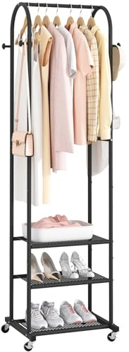 Kaitiemoo Heavy Duty Clothing Rack with Wheels,Modern Garment Rack with 3 Metal Shelves, 71.8Inches Display Rack for Hanging Clothes, Hanging Rod for Small Space,Black