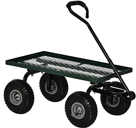 Outsunny Carrello da Giardino con Maniglia Rivestita e 4 Ruote Grandi da Ø24 cm, Carrello da Esterno in Acciaio, Capacità 150 kg, 94x48.5x100 cm, Nero e Verde