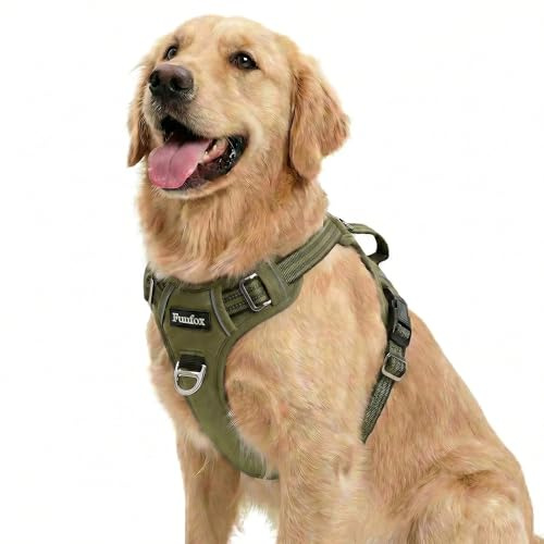 Funfox Dog Harness for Large Dogs, No Pull Pet Vest Adjustable with Vertical Handle & Front Clip, Anti Pull Padded Harness Reflective Night Walking Size for Medium Large Breed, Army Green L
