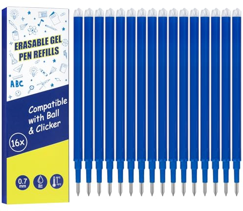 Thboxes 16 Pcs Recharges Stylos Effaçables 0.7 mm, Bleu | Compatibles avec Pilot FriXionBall&Clicker et Eberhard Faber, Encre Thermosensible Mines de Rechange pour Stylo Effaçable