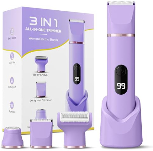 Lady Shavers for Women 3-in-1, Tiovara Painless Electric Razors Shaver IPX7 Waterproof Cordless Body Hair Trimmer Pubic Hair Removal with USB Charge Dock for Underarm Leg Arm Body Face (Purple)