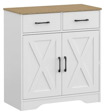 Panana Wooden Storage Cabinet Rustic Organizer for Living Room Kitchen Free-Standing 2 Doors 2 Drawers Hallway Farmhouse Style (White)