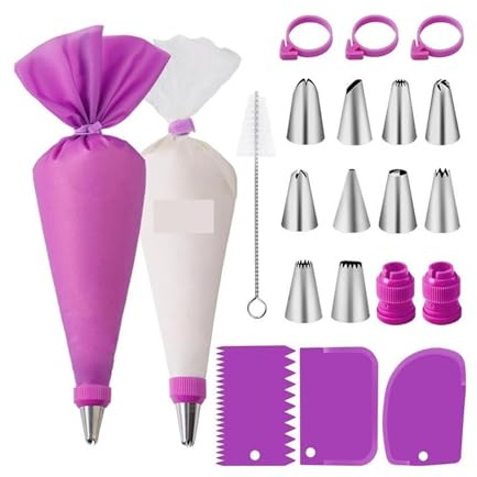 FJOADNVM Spritzbeutel 40-teiliges Silikon-Spritzbeutel- und Tüllen-Set for Selbermachen von Kuchen mit wiederverwendbaren Edelstahl-Tüllen Backzubehör(Purple 40PCS)