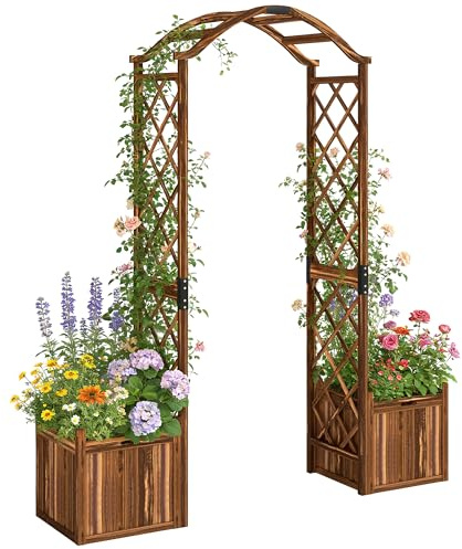 Outsunny Wooden Garden Arch with Planters, Outdoor Rose Arch Trellis for Climbing Vines, Decorative Garden Arbor for Wedding Party, Carbonised