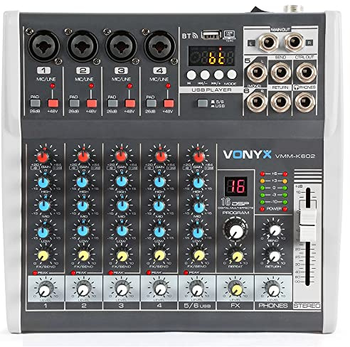 Vonyx 6-Channel DSP Audio Mixer VMM-K602 with USB Interface, Bluetooth, 48V Phantom Power, FX Processor and 4 Mic, Stereo Line Input for Studio, Podcast, DJ, Home & Live PA Sound Systems