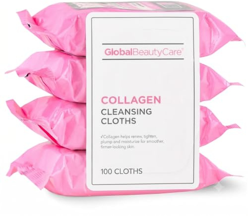 Global Beauty Care Collagen Cleansing Facial Towelettes, Makeup Remover, Nourishing Face & Eye, Hypoallergenic, Paraben-Free, Non-Comedogenic, Hydrates & Smooths Skin, 25 Wipes, 100 Count 4 Pack