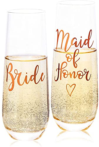 Juvale Champagnergläser (Set, 2 Stück) - Ohne Stiel, Aufschrift in Roségold “Bride” und “Maid of Honor” - Perfekt für Hochzeit, Polterabend - Glas, 248 ml