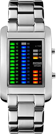 FeiWen Fashion Einzigartig Binary Uhren Mehrfarbig LED Licht Digital Sport Elegant Rechteck Edelstahl Armbanduhren 50M Wasserdicht Damenuhr Herrenuhr, Silber