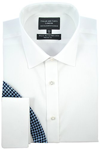 Men's Long Sleeve Twill Shirt - 100% Cotton - Ultimate Easy Iron - Fit Guaranteed - Business Formal Smart Casual - White Shirts for Men - Classic Fit, Double Cuff - Plain Pattern - C 17