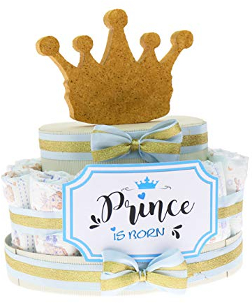 Torta Pannolini Prima Infanzia Corona da Principe Bimbo, Idea Regalo Originale Nascita Neonato (Torta da 15 Pannolini)