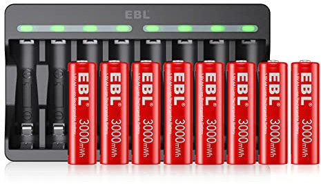 EBL Pack of 8 1.5V 3000mWh AA Rechargeable Lithium-ion Battery & 8 Slots Lithium-ion Battery Charger for Rechargeable AA and AAA Lithium Batteries