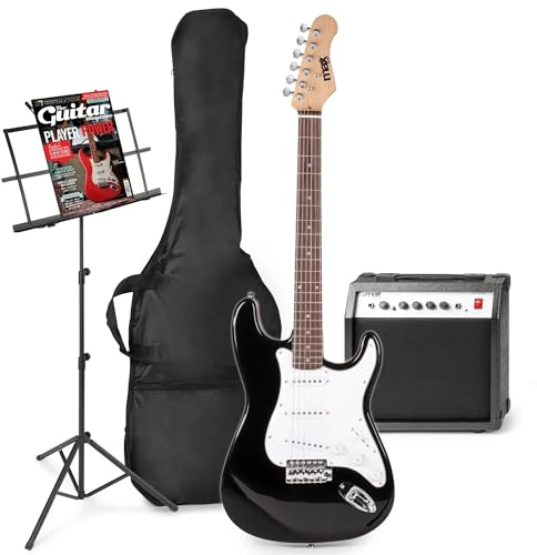 MAX GigKit Pack Guitarra eléctrica - Amplificador de guitarra de 40 vatios, guitarra eléctrica, atril, funda de guitarra, afinador, cable de instrumento, correa de guitarra y accesorios - Negro