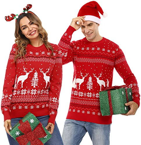 Totatuit Pull de Noël pour Femme Homme Pull Hiver Elk Imprimé Festif Chaud Famille Pull de Noël tricoté à Manches Longues et col Rond Fêtes de Noël Pull Noel Doux et Confortable Rouge-femme，M