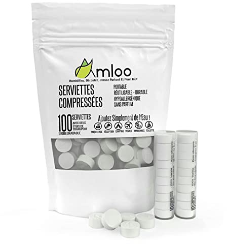 AMLOO 100 Serviettes Compressées Magique. Mini Serviette de Voyage Santé Sports de Plein Air. Petite Serviette Visage, Oshibori et Rince Doigts Jetable, Portable avec 2 Étuis de Transport