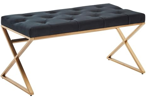 FineBuy Panchina da Interno 90x46x44 cm Velluto/Metallo Panchetta | Panca da Corridoio Ingresso Chesterfield Nera | Panche Imbottita Moderno