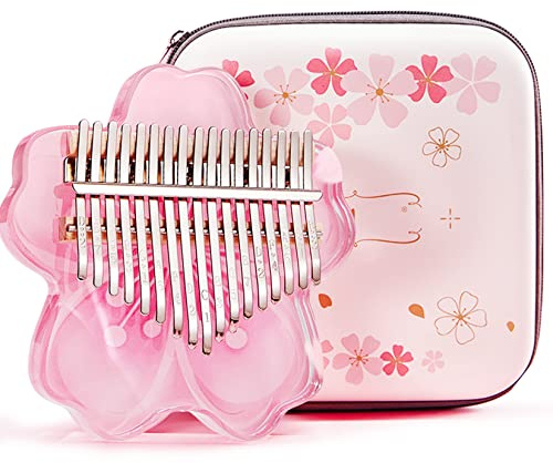 Kalimba Thumb Piano 17 Key with EVA Protective Case Full Kit, Sakura Shape Transparent Crystal Kalimba 17 Key, Professional Musical Instruments for Kid Adult Beginners (PINK17NOTES)