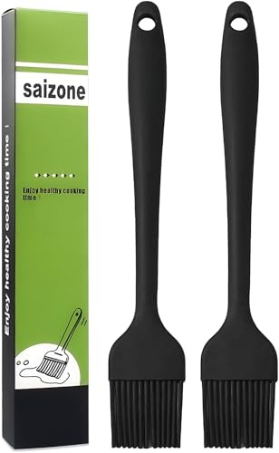saizone Pennello per pasticceria in silicone, pennello per griglia, pennello da cucina per pasticceria, olio da forno, resistente al calore, utensili da cucina, colore nero, 20,3 cm (2 pezzi)