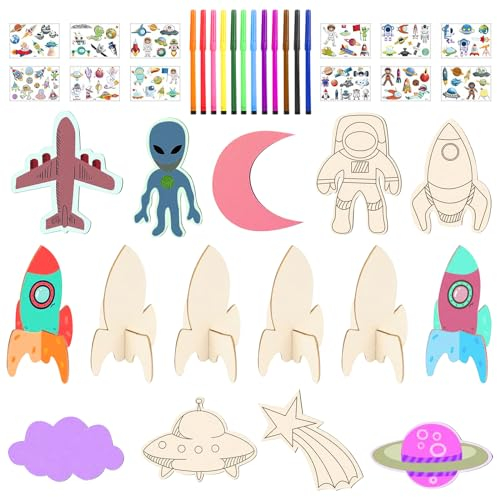 ARONRAVE Raketen Holz Bastelset, 15 Stück Astronaut Holz Bastelset Weltraum Raketen Spielzeug für Kinder Planeten Bastelset für Kinder für Mädchen Junge Kindergeburtstag
