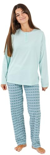 TRAMAS+ Pigiama Donna in 100% Cotone con Maglietta a Maniche Lunghe e Pantaloni Lunghi, Pigiama per Tutte Le Stagioni dell'Anno, Abbigliamento da Notte - XL, Galieni Verde Azzurro