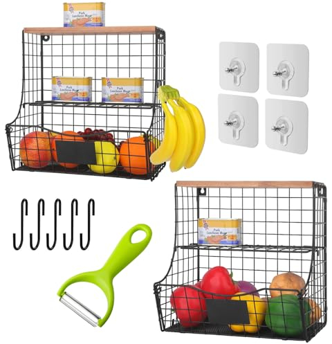 Wuciray 2PCS Porta Frutta da Parete Cesti per Frutta da Appendere Porta frutta da Parete con Coperchio in Legno con 5 Ganci Cesto Impilabile per Conservare Verdure Frutta Snack