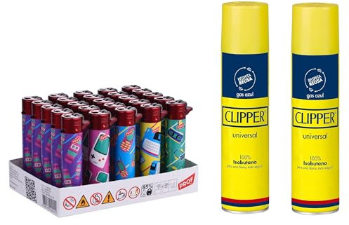 Pack 25 Uds. Mechero Encendedor Redondo Recargable con Piedra recambiable + Pack DE 2 Clipper Gas ISOBUTANO 300 ML para MECHEROS Exclusivo de DISPAU (WARNINGS 25)
