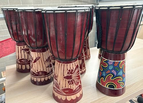 Djembes for schools & youth groups. Bulk set of 10 40 cm high Bass Djembe Drums, pay for 9 get one free! Mixed Designs Great Sound Fair Trade